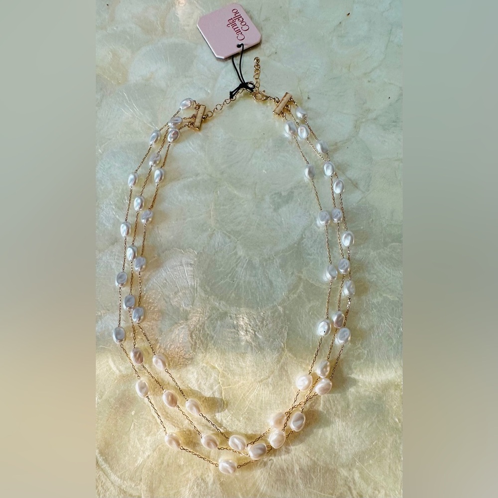 Camila Coelho - 3 strand Gold and White Necklace with baroque style pearl